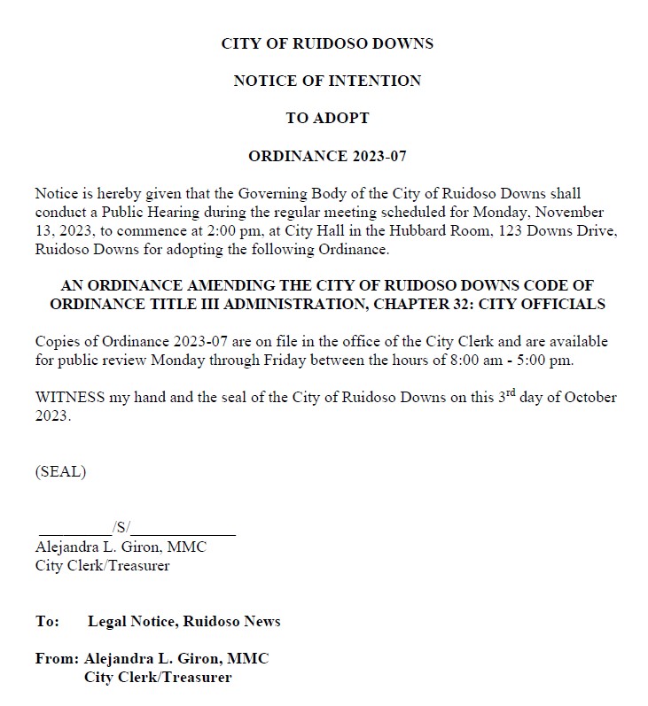 Notice of Intent Ord. 23-07 2x